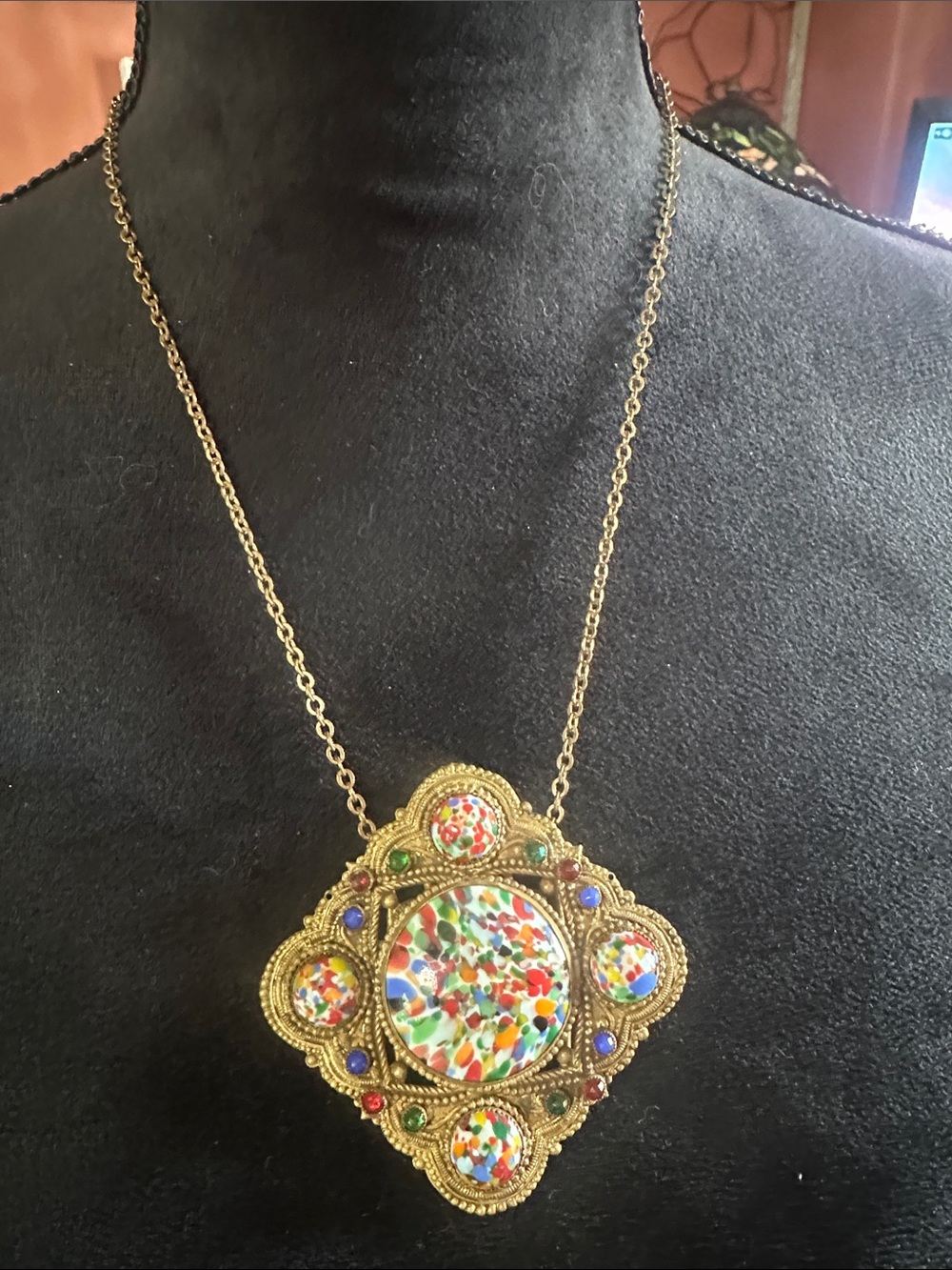 Vintage Gold-Tone Multicolor Mosaic Pendant Necklace - Women Jewelry